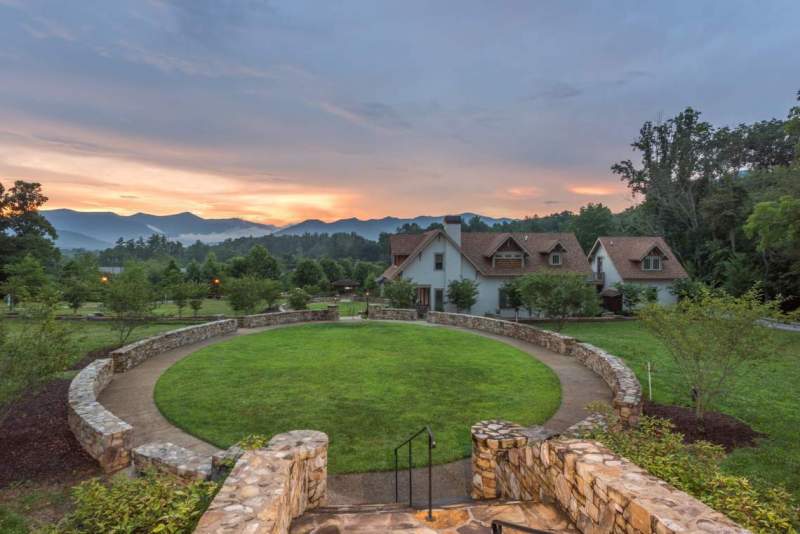 Twilight photo of a community courtyard