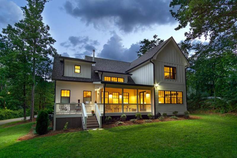 Twilight image from a modern farmhouse