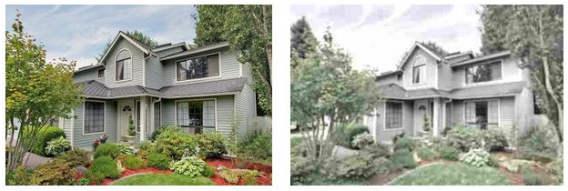 Professional versus amateur photo of 2 story gray house.