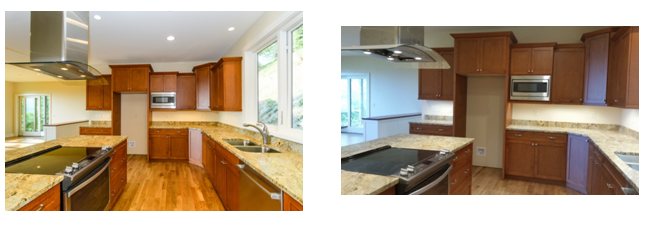 Professional versus amateur photo of kitchen in Asheville home.