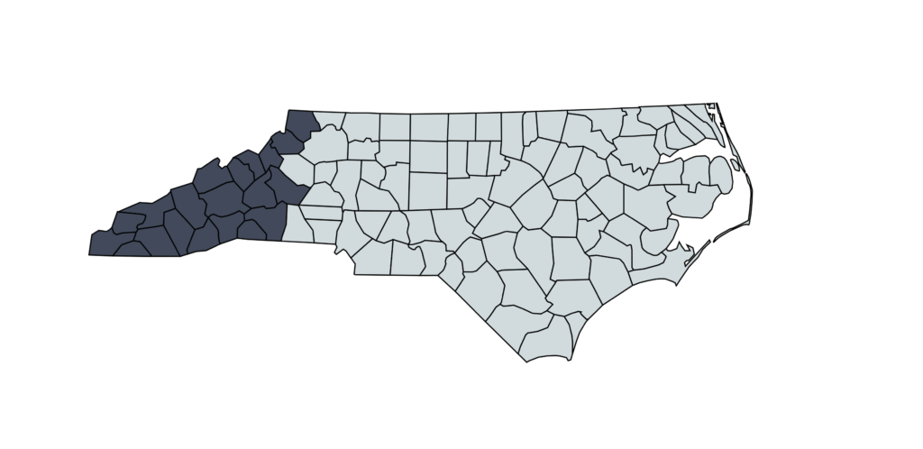 Map of generally accepted counties that make up Western North Carolina.