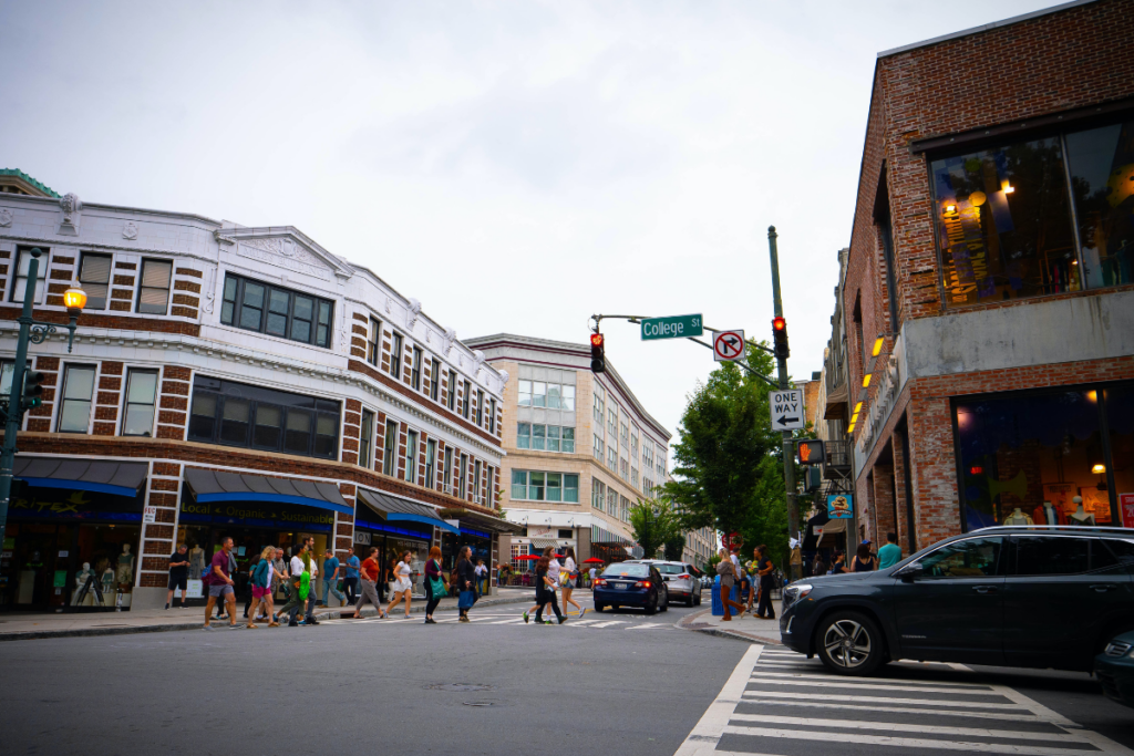 Street view of The Haywood condos corner in Asheville